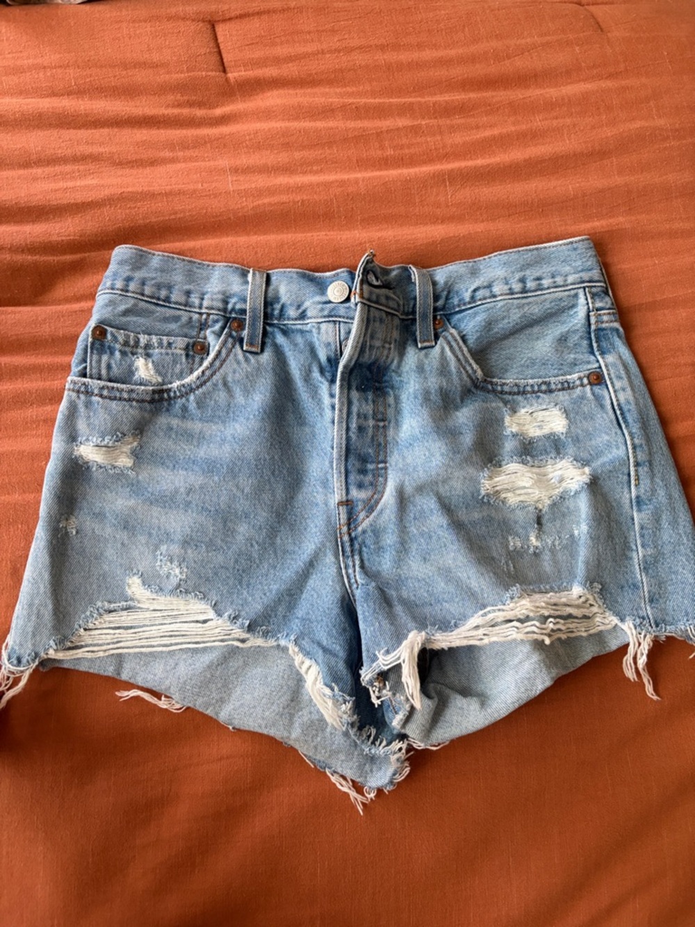 Levi's Light Blue Distressed High-Rise Denim Shorts